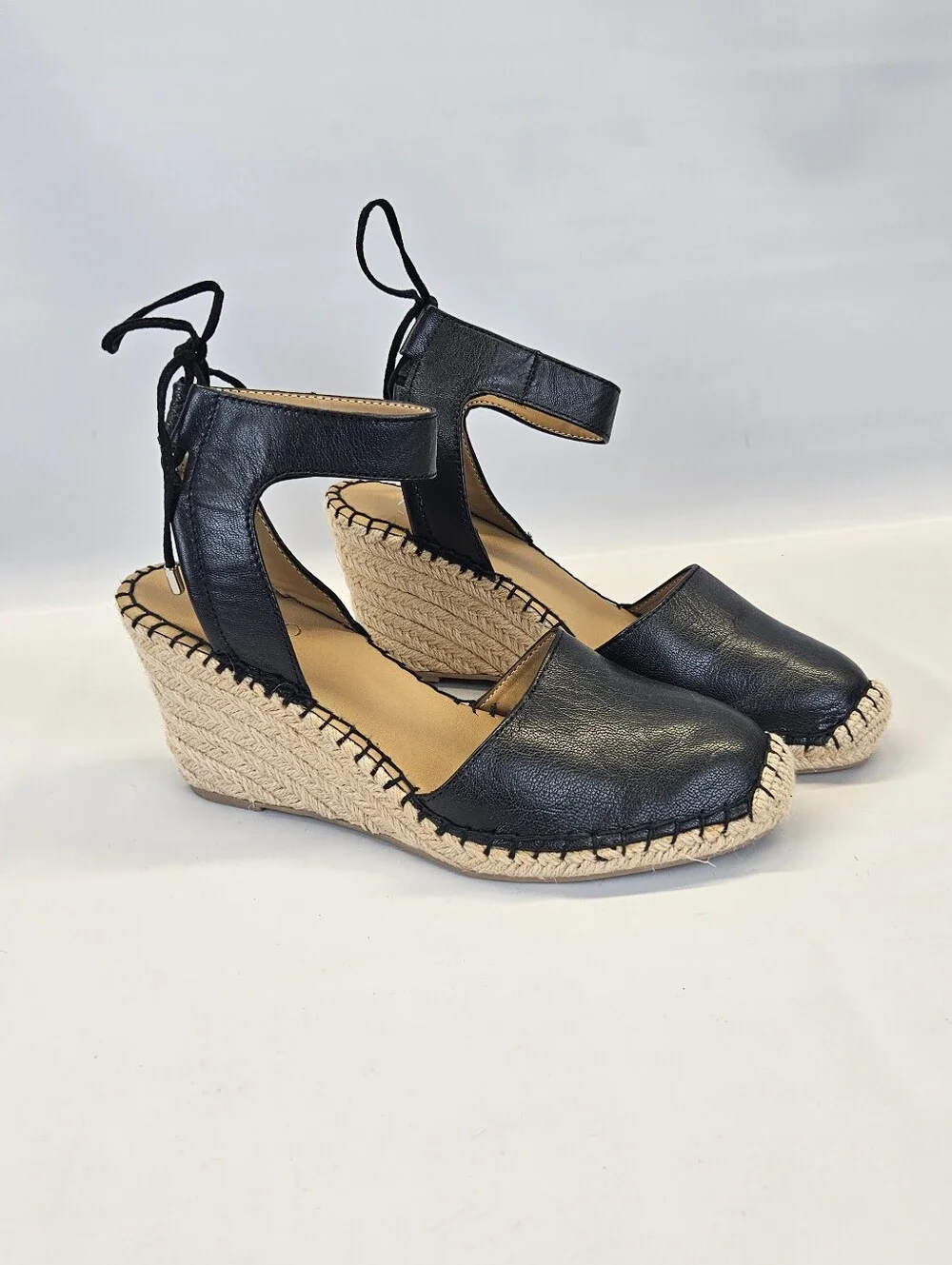Franco Sarto Black Mariska Leather Espadrille Wedge Sandals Womens Ankle Tie 9